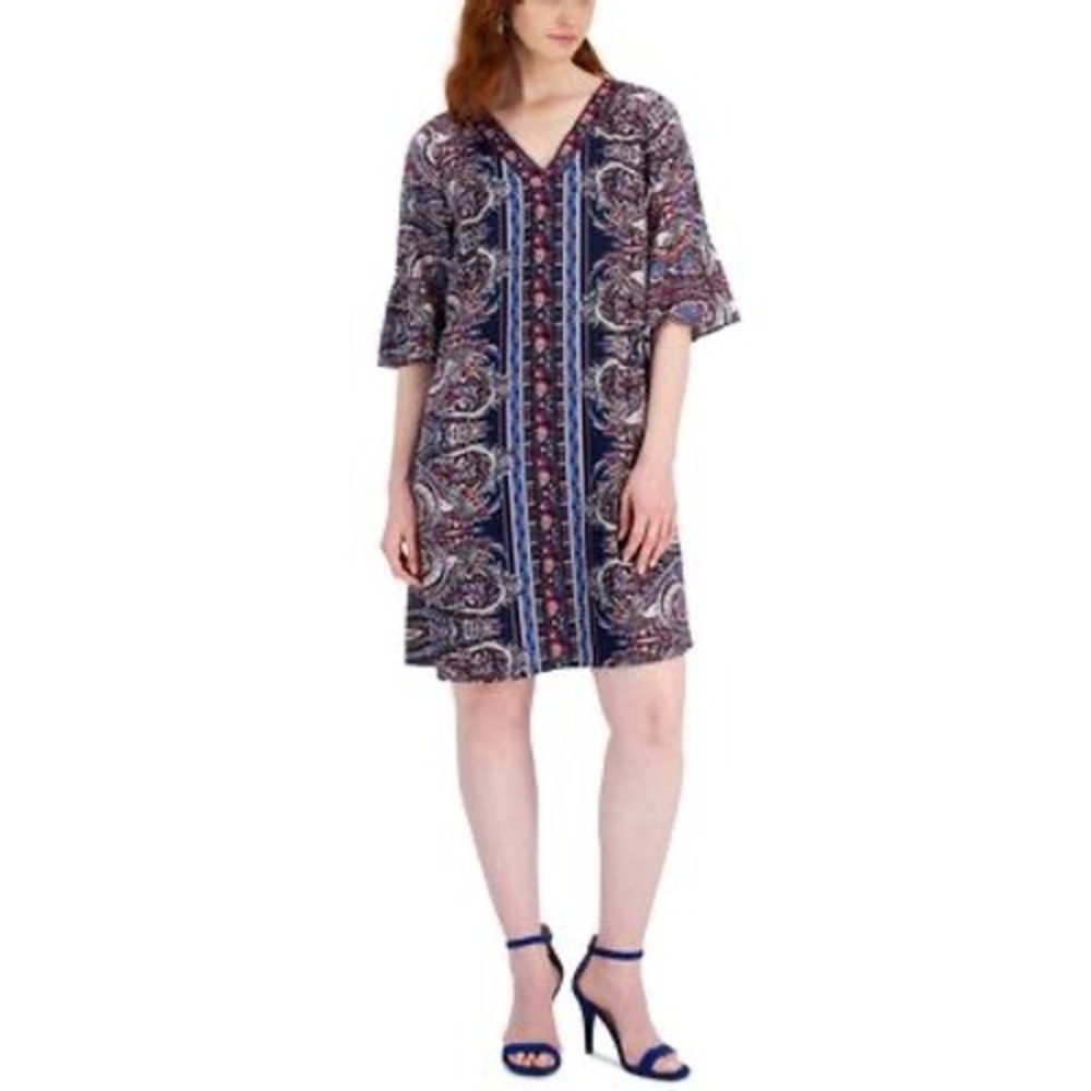 JM Collection Women's Bellisima Printed Ruffle-Sleeve Dress- Intrepid Blue Combo